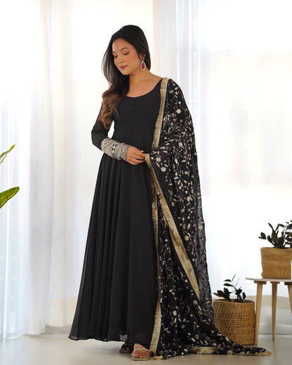 Lorenvalley Women Georgette Anarkali Gown Duppta Full Set With Pent Ready To Wear - Black