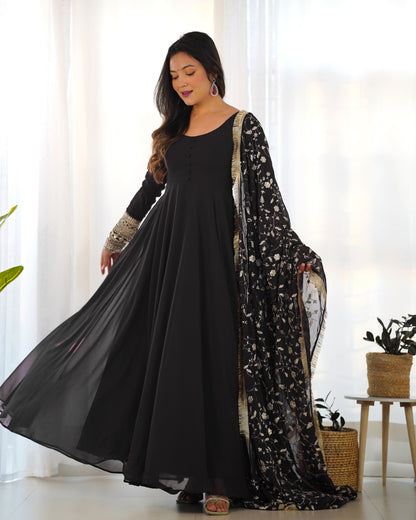 Lorenvalley Women Georgette Anarkali Gown Duppta Full Set With Pent Ready To Wear - Black