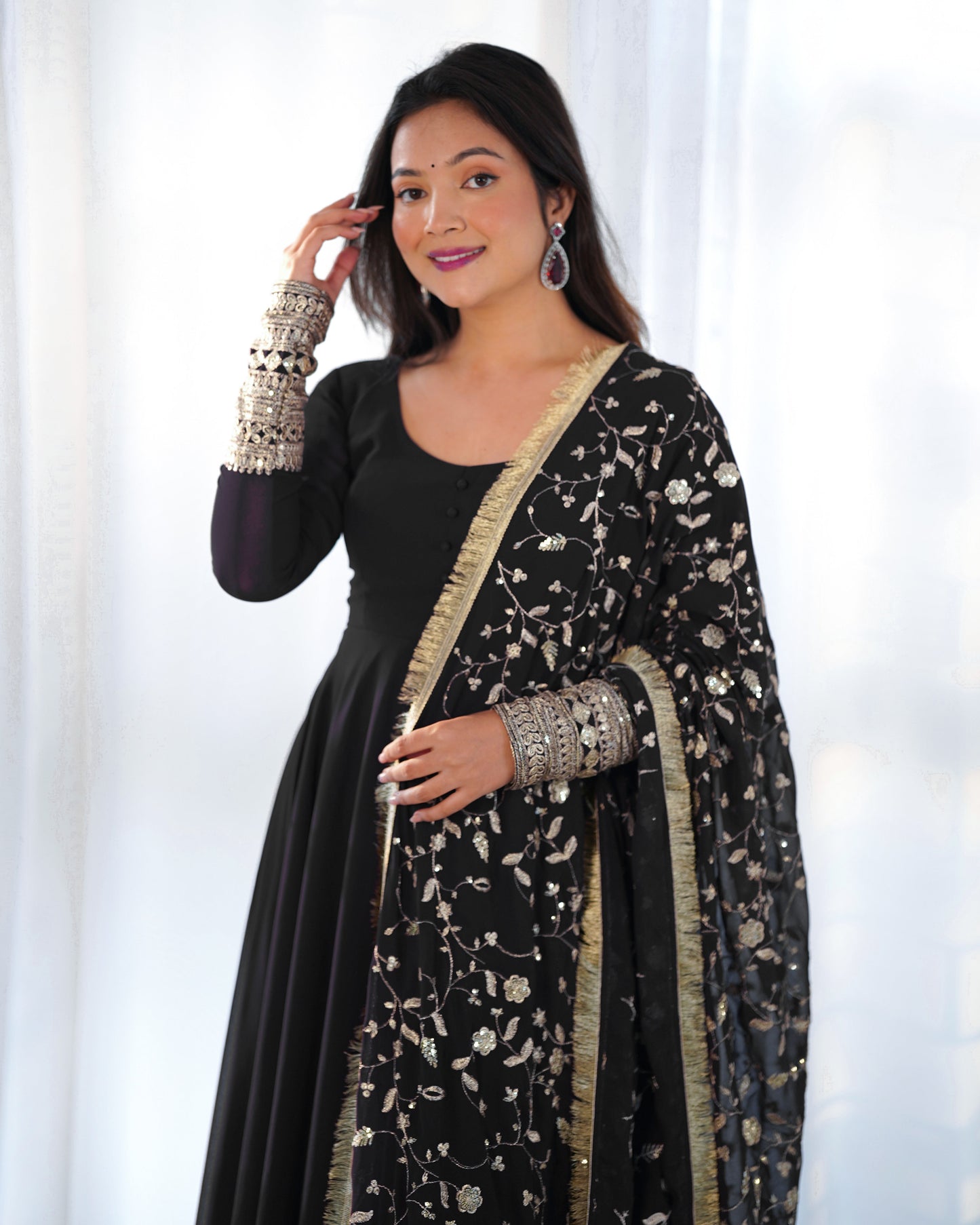 Lorenvalley Women Georgette Anarkali Gown Duppta Full Set With Pent Ready To Wear - Black