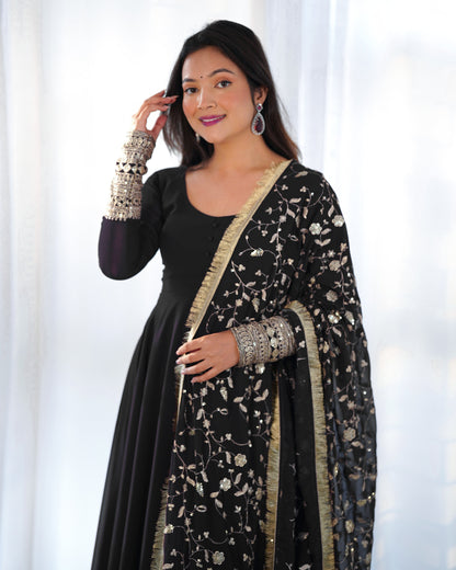Lorenvalley Women Georgette Anarkali Gown Duppta Full Set With Pent Ready To Wear - Black