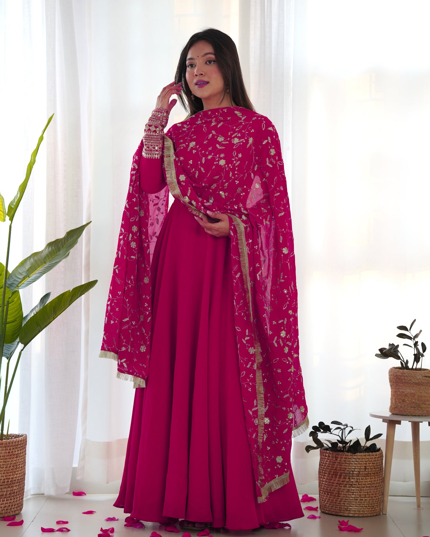 Lorenvalley Women Georgette Anarkali Gown Duppta Full Set With Pent Ready To Wear - Magenta