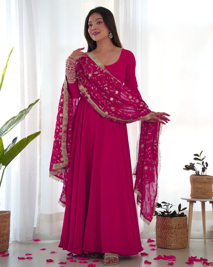 Lorenvalley Women Georgette Anarkali Gown Duppta Full Set With Pent Ready To Wear - Magenta