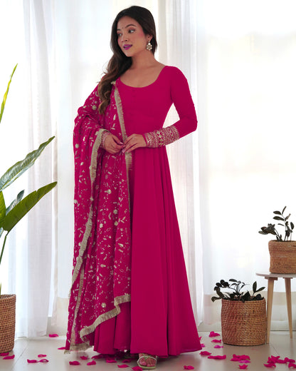 Lorenvalley Women Georgette Anarkali Gown Duppta Full Set With Pent Ready To Wear - Magenta