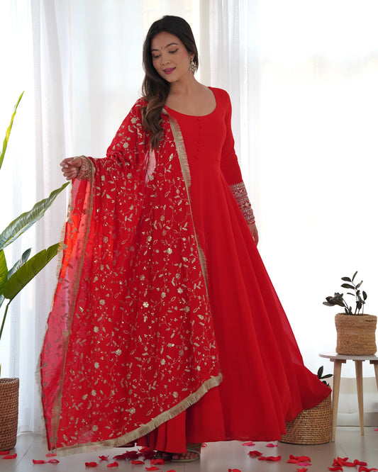 Lorenvalley Women Georgette Anarkali Gown Duppta Full Set With Pent Ready To Wear - Red