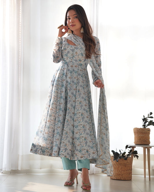 Lorenvalley Fashion Women Pure Orange Chiffon Floral Print Fully Flair Anarkali Kurta Pant With Dupatta Set - Skyblue