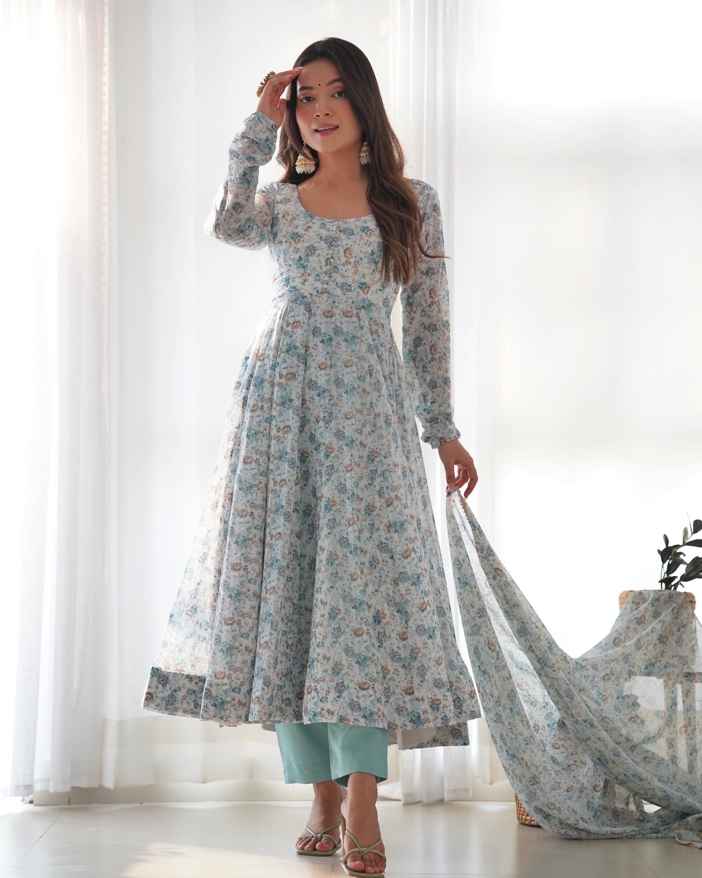 Lorenvalley Fashion Women Pure Orange Chiffon Floral Print Fully Flair Anarkali Kurta Pant With Dupatta Set - Skyblue