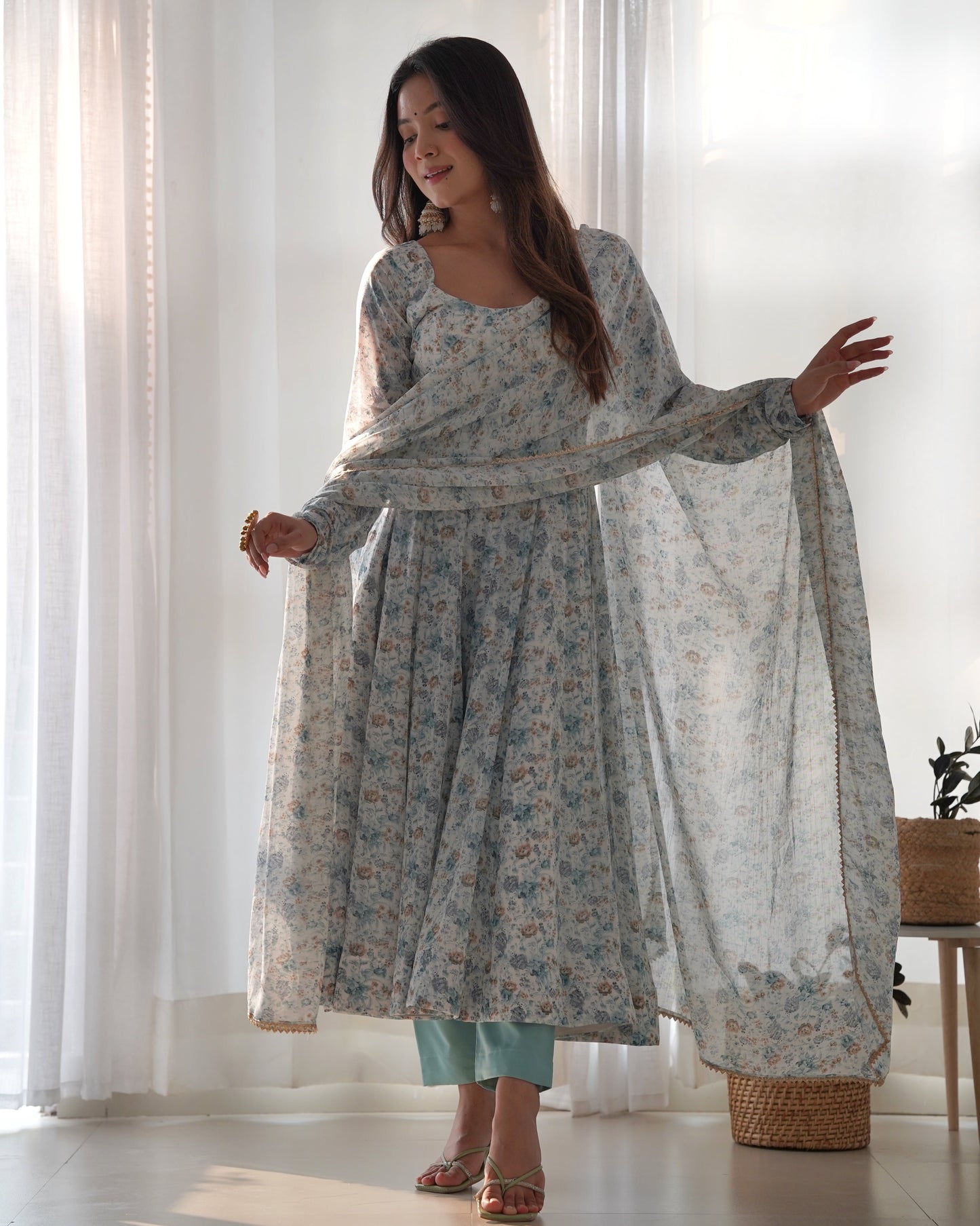Lorenvalley Fashion Women Pure Orange Chiffon Floral Print Fully Flair Anarkali Kurta Pant With Dupatta Set - Skyblue