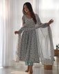Lorenvalley Fashion Women Pure Orange Chiffon Floral Print Fully Flair Anarkali Kurta Pant With Dupatta Set - Skyblue