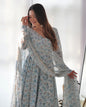 Lorenvalley Fashion Women Pure Orange Chiffon Floral Print Fully Flair Anarkali Kurta Pant With Dupatta Set - Skyblue