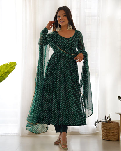 Lorenvalley Fashion Women Pure Soft Faux Georgette Laheriya Print Fully Flair Anarkali Kurta Pant With Dupatta Set - Green