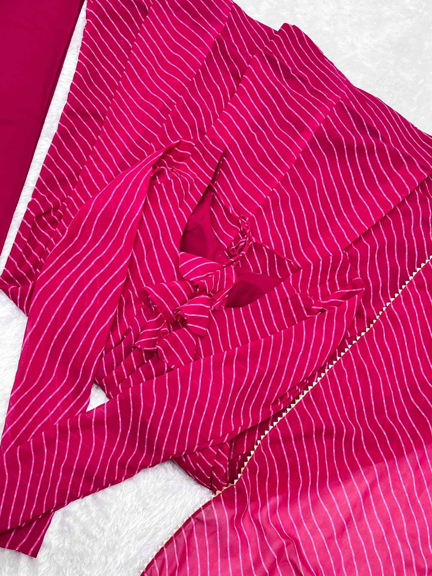Lorenvalley Fashion Women Pure Soft Faux Georgette Laheriya Print Fully Flair Anarkali Kurta Pant With Dupatta Set - Magenta