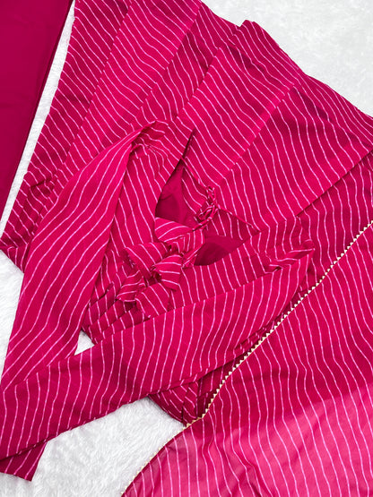 Lorenvalley Fashion Women Pure Soft Faux Georgette Laheriya Print Fully Flair Anarkali Kurta Pant With Dupatta Set - Magenta