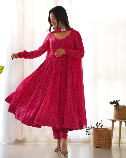 Lorenvalley Fashion Women Pure Soft Faux Georgette Laheriya Print Fully Flair Anarkali Kurta Pant With Dupatta Set - Magenta