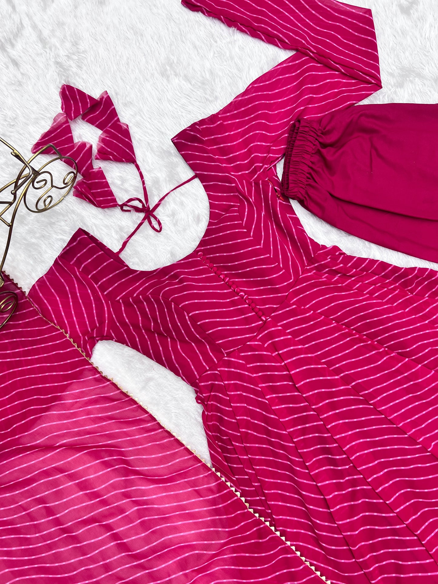 Lorenvalley Fashion Women Pure Soft Faux Georgette Laheriya Print Fully Flair Anarkali Kurta Pant With Dupatta Set - Magenta
