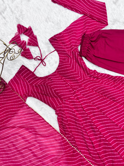 Lorenvalley Fashion Women Pure Soft Faux Georgette Laheriya Print Fully Flair Anarkali Kurta Pant With Dupatta Set - Magenta