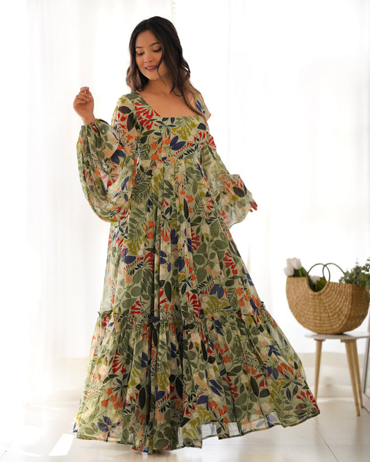 Lorenvalley Women Pure Soft Faux Georgette Floral Print Anarkali Gown - Seagreen