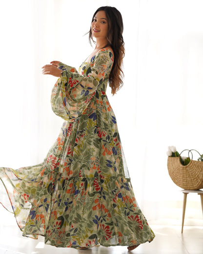 Lorenvalley Women Pure Soft Faux Georgette Floral Print Anarkali Gown - Seagreen