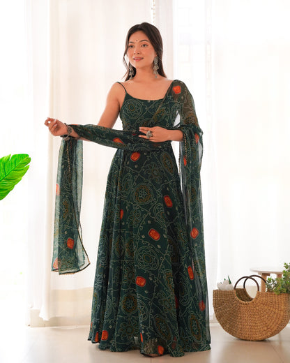 Lorenvalley Women Soft Chiffon Bandhej Fabric Print Fully Flair Anarkali With Pant Dupatta Set - Green