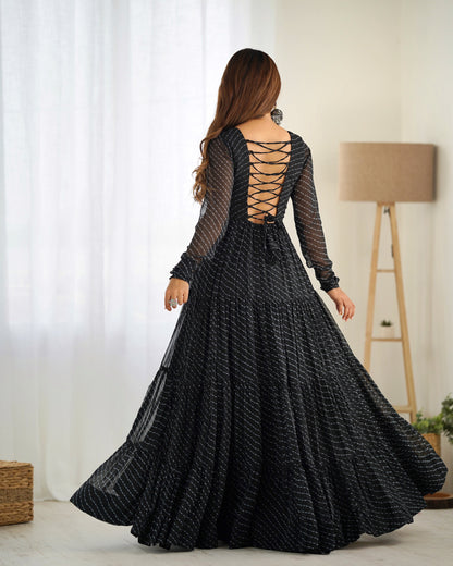 Lorenvalley Women Pure Soft Faux Georgette Leheriya Print Anarkali Gown - Black