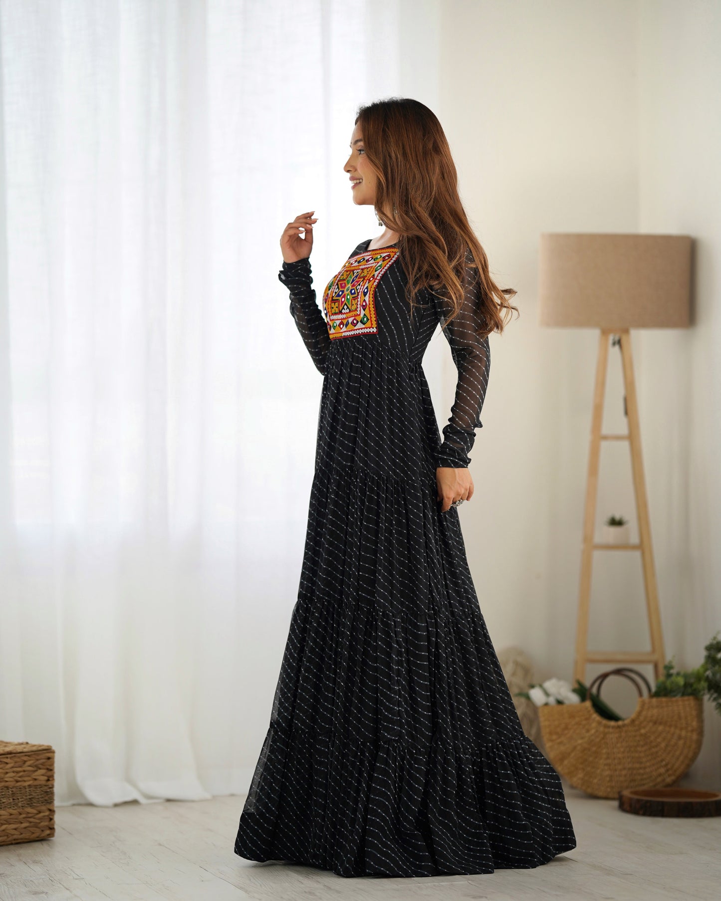 Lorenvalley Women Pure Soft Faux Georgette Leheriya Print Anarkali Gown - Black