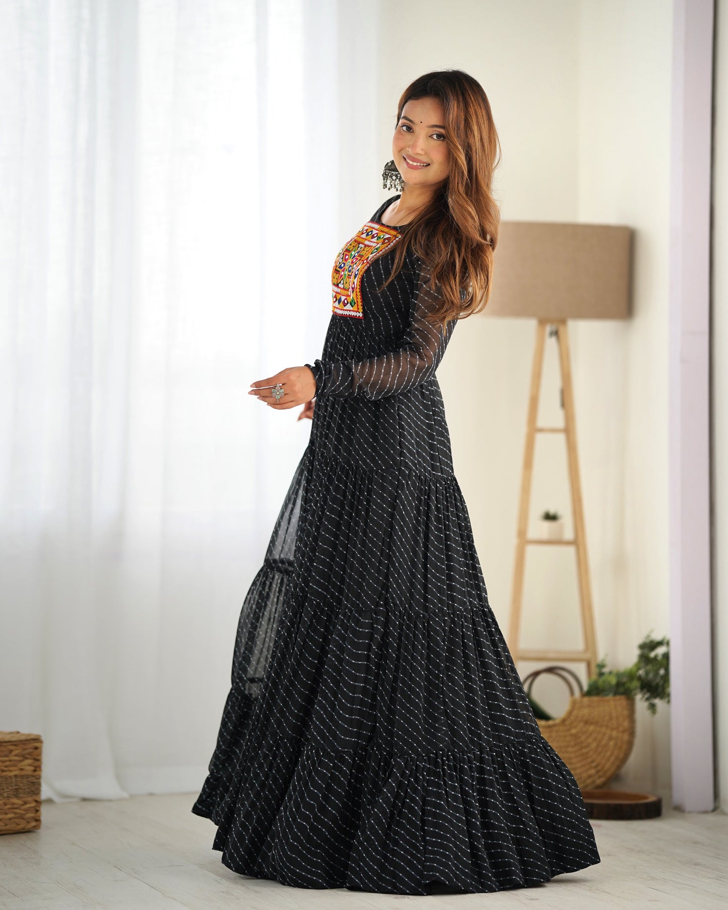 Lorenvalley Women Pure Soft Faux Georgette Leheriya Print Anarkali Gown - Black