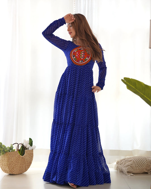 Lorenvalley Women Pure Soft Faux Georgette Leheriya Print Anarkali Gown - Blue