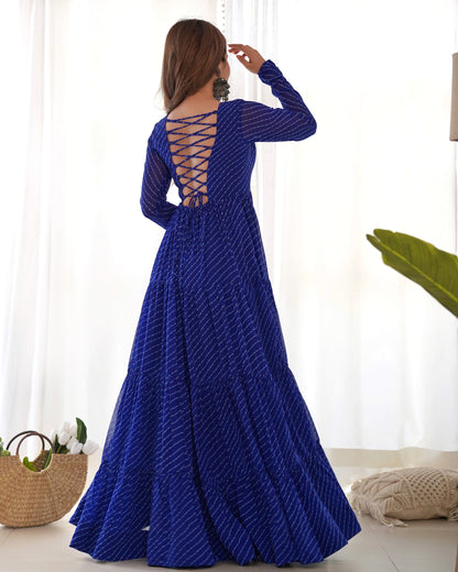 Lorenvalley Women Pure Soft Faux Georgette Leheriya Print Anarkali Gown - Blue
