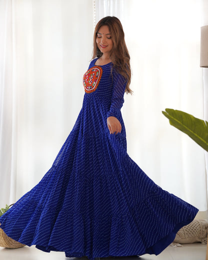Lorenvalley Women Pure Soft Faux Georgette Leheriya Print Anarkali Gown - Blue