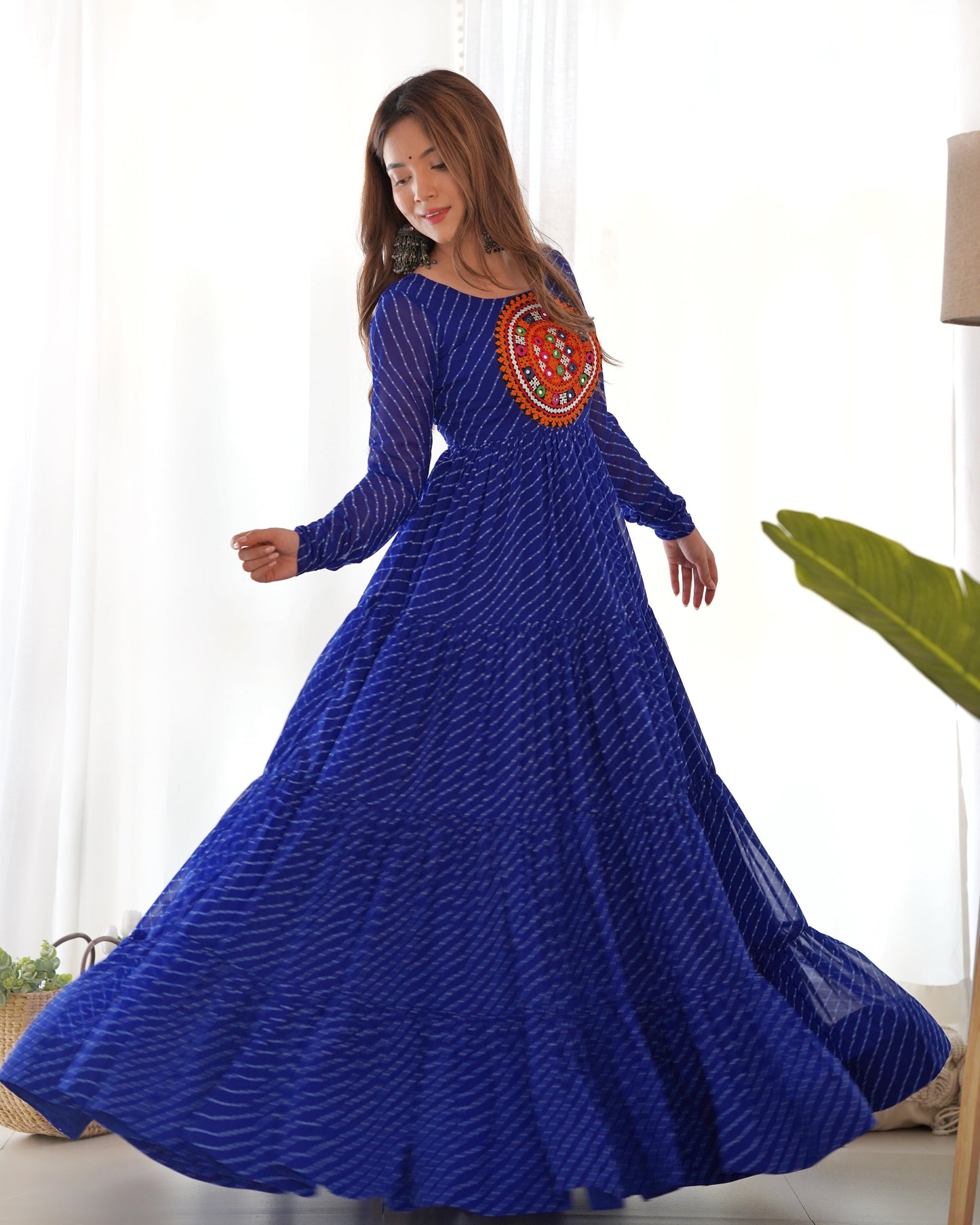 Lorenvalley Women Pure Soft Faux Georgette Leheriya Print Anarkali Gown - Blue