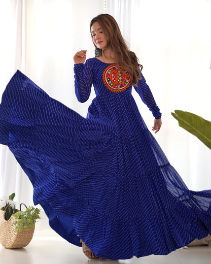 Lorenvalley Women Pure Soft Faux Georgette Leheriya Print Anarkali Gown - Blue