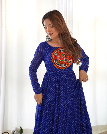 Lorenvalley Women Pure Soft Faux Georgette Leheriya Print Anarkali Gown - Blue