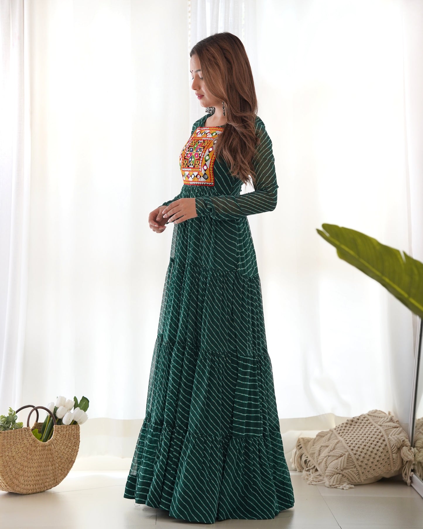 Lorenvalley Women Pure Soft Faux Georgette Leheriya Print Anarkali Gown - Green
