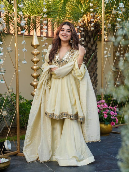 Evanik Women Off White Kedia Style Real Mirror Work Wedding Sharara Suit