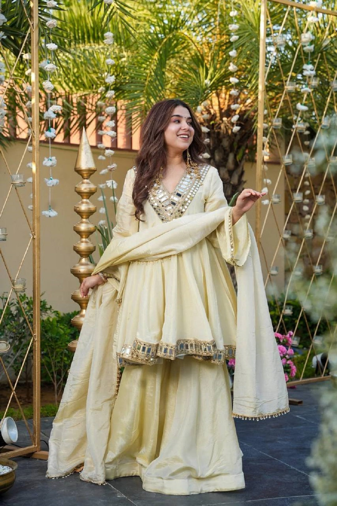 Evanik Women Off White Kedia Style Real Mirror Work Wedding Sharara Suit