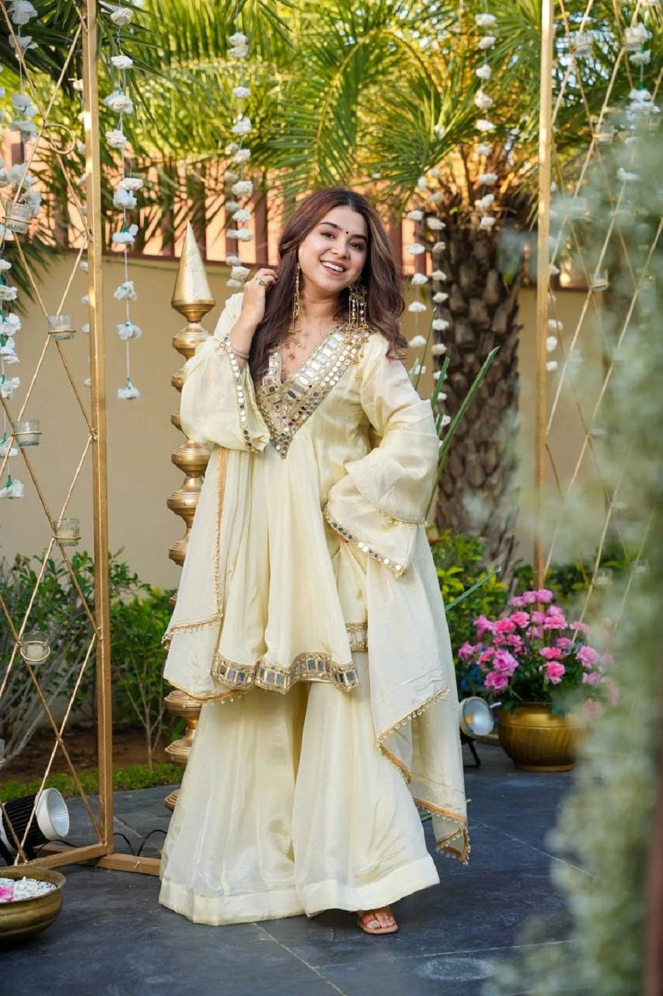 Evanik Women Off White Kedia Style Real Mirror Work Wedding Sharara Suit