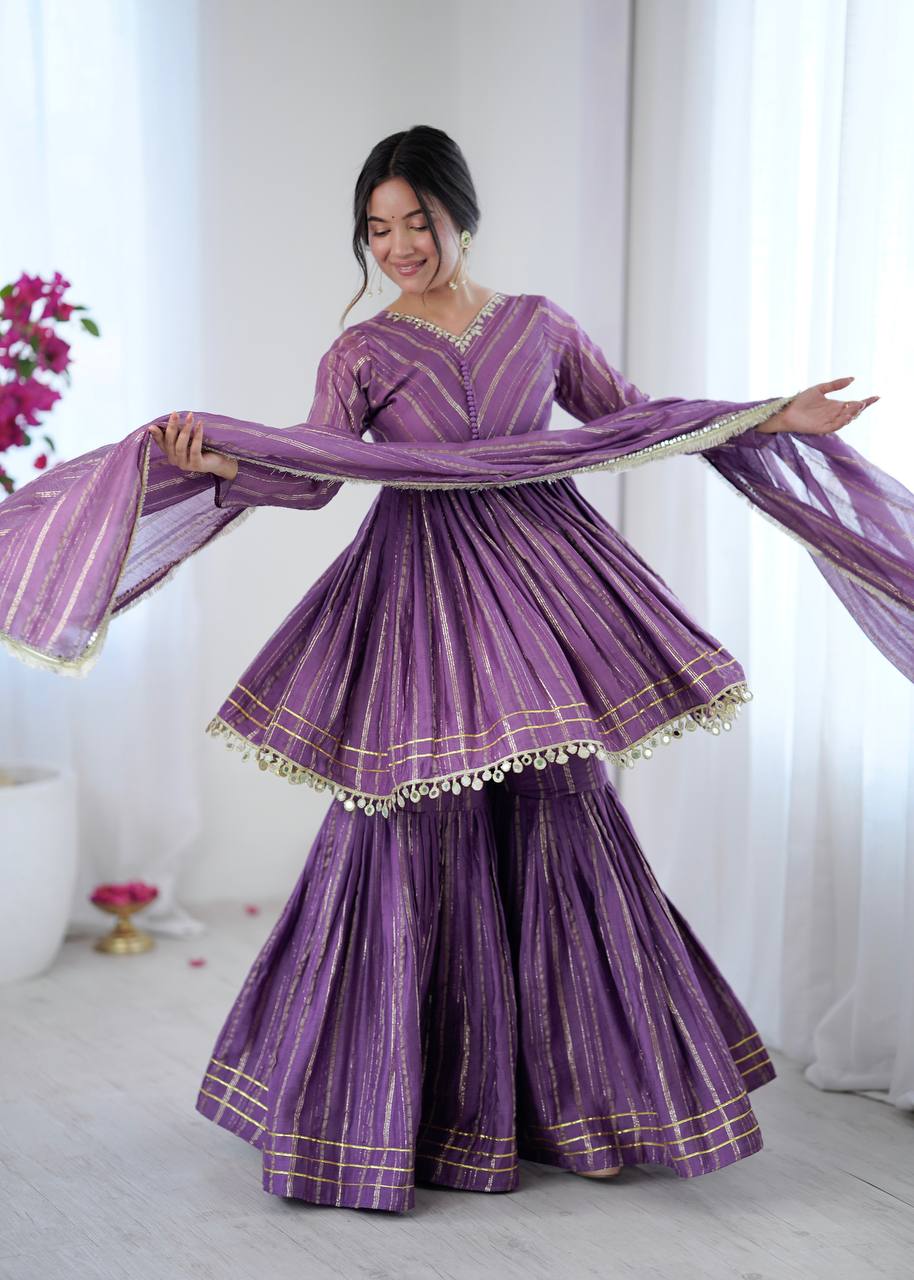 Evanik Lavender Mal Chanderi With Mirror & hand work Sharara Suit