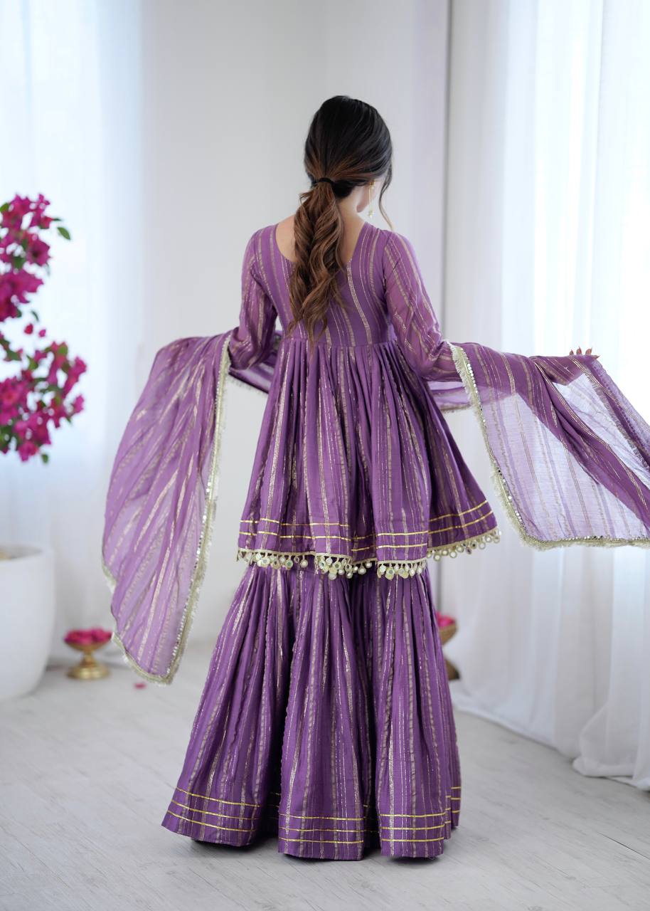 Evanik Lavender Mal Chanderi With Mirror & hand work Sharara Suit