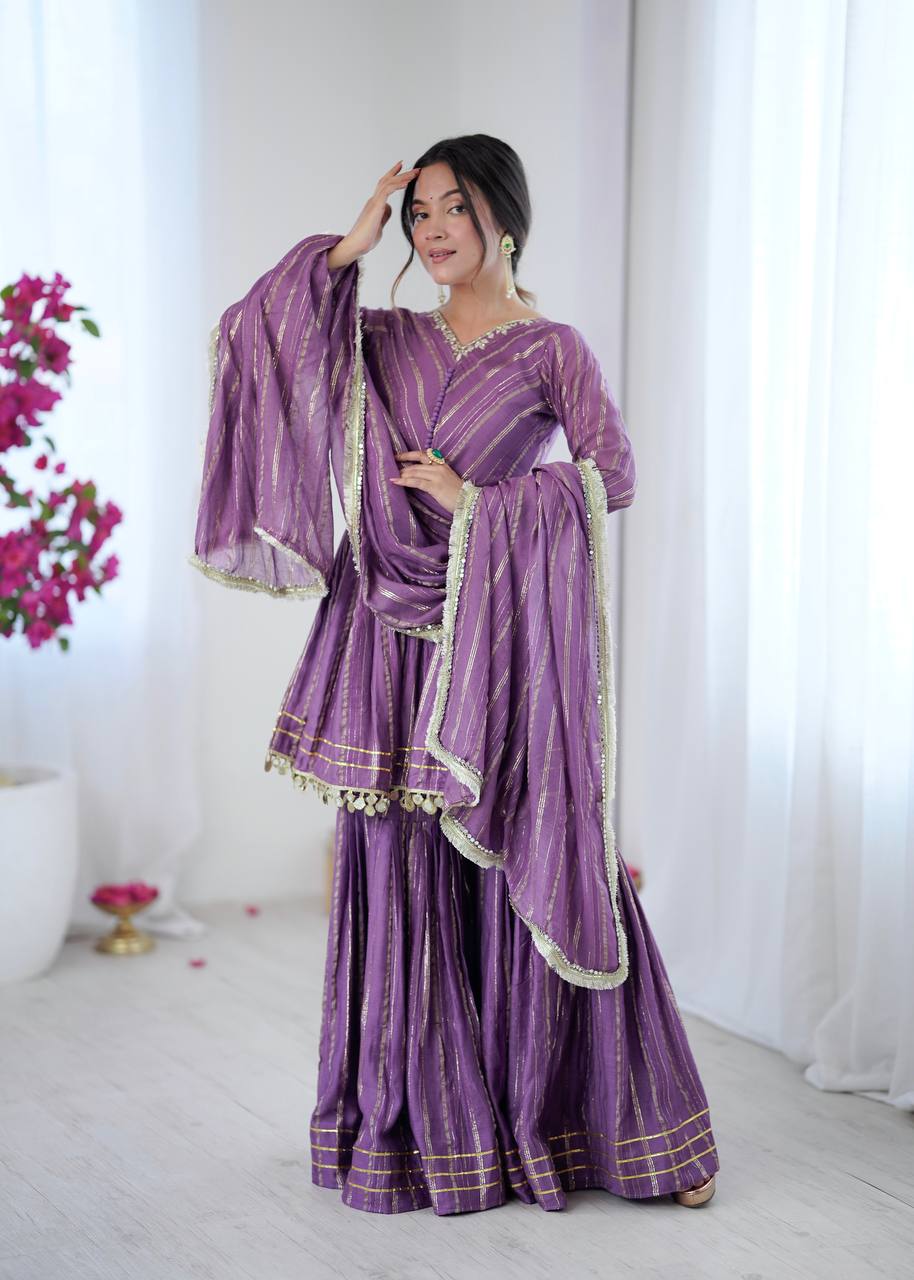 Evanik Lavender Mal Chanderi With Mirror & hand work Sharara Suit