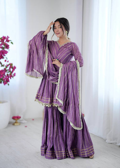 Evanik Lavender Mal Chanderi With Mirror & hand work Sharara Suit