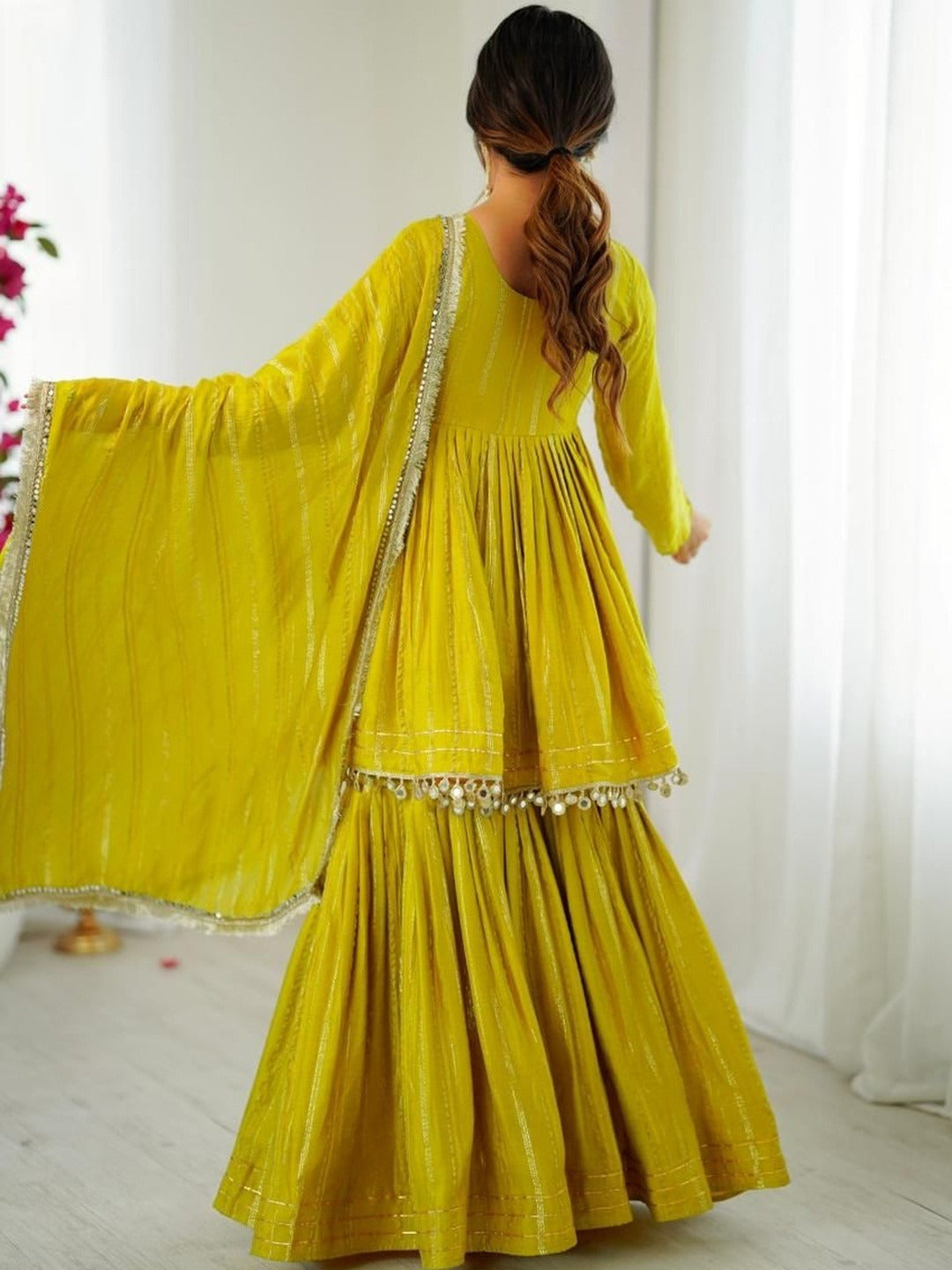 Evanik Yellow Mal Chanderi With Mirror & hand work Sharara Suit