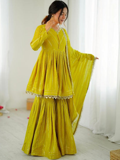 Evanik Yellow Mal Chanderi With Mirror & hand work Sharara Suit