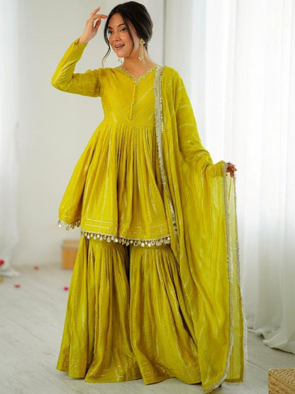 Evanik Yellow Mal Chanderi With Mirror & hand work Sharara Suit