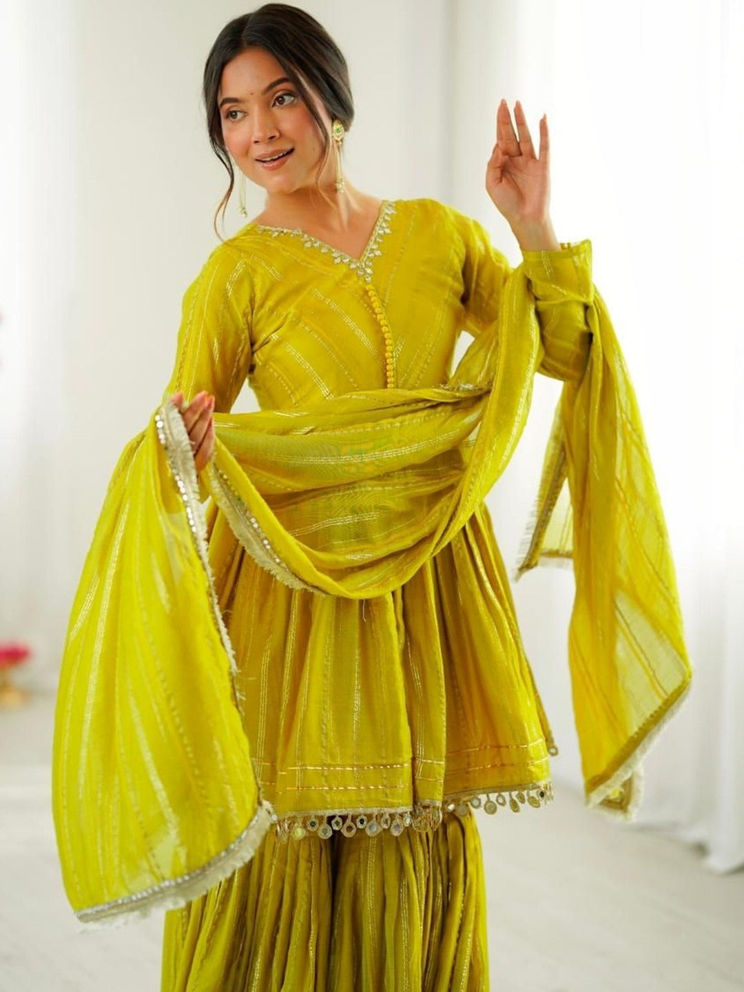 Evanik Yellow Mal Chanderi With Mirror & hand work Sharara Suit