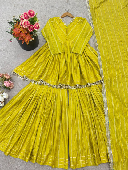 Evanik Yellow Mal Chanderi With Mirror & hand work Sharara Suit