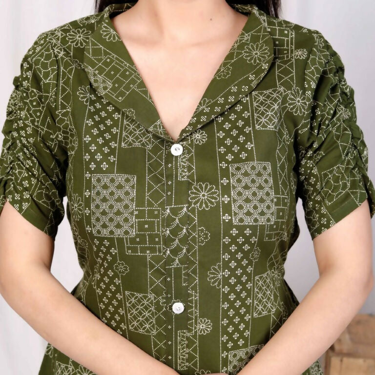 Miravan Women's Pure Cotton Floral Printed Green Button Down A-Line Midi Dress