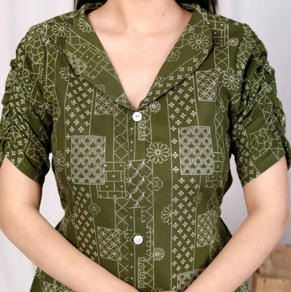 Miravan Women's Pure Cotton Floral Printed Green Button Down A-Line Midi Dress