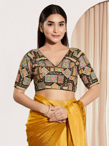 Joban Fashion Black Viscose Rayon Padded Blouse With V Neck Elbow Sleeves