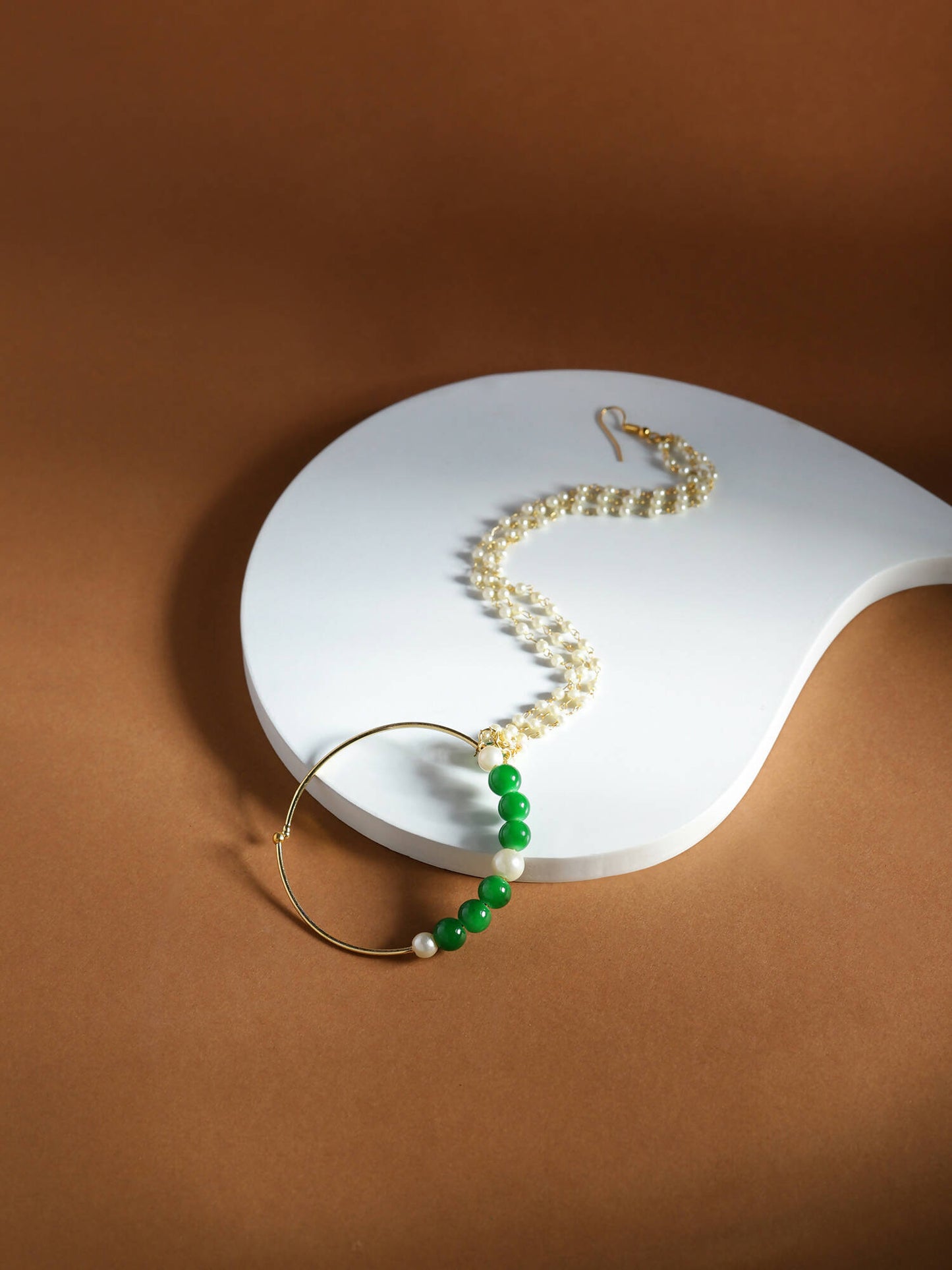 Gold-Polished White Green Stone-Studded Pearl Beaded Nosepin - Ruby Raang