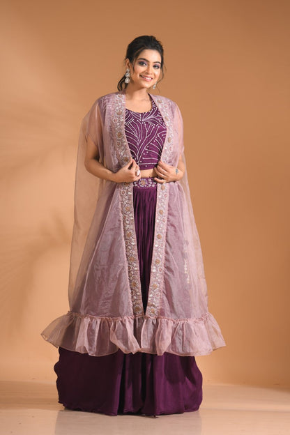 Morchari Co Ord Set With Long Jacket Hand Embroidery - Blue