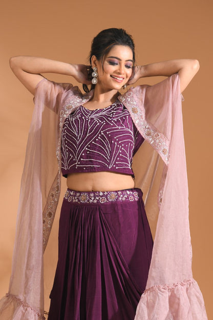 Morchari Co Ord Set With Long Jacket Hand Embroidery - Blue
